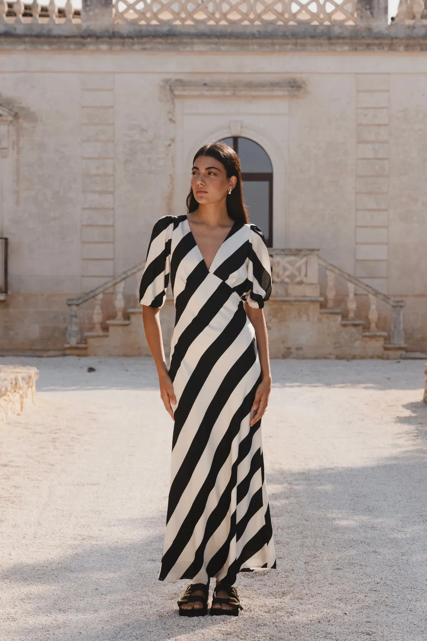 Amora Midi Dress in Black and White Stripes - Brave Collection, Bias Cut