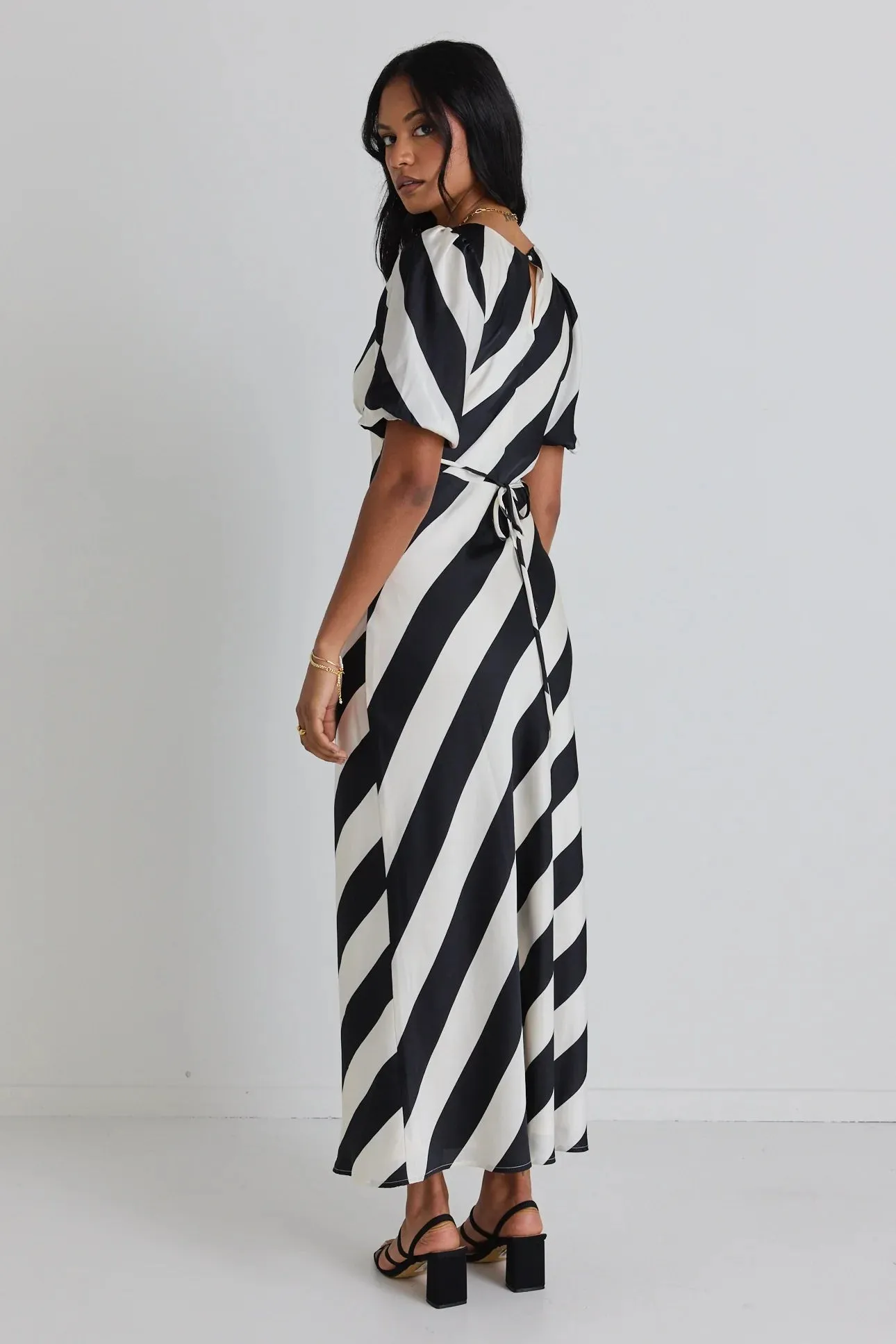 Amora Midi Dress in Black and White Stripes - Brave Collection, Bias Cut