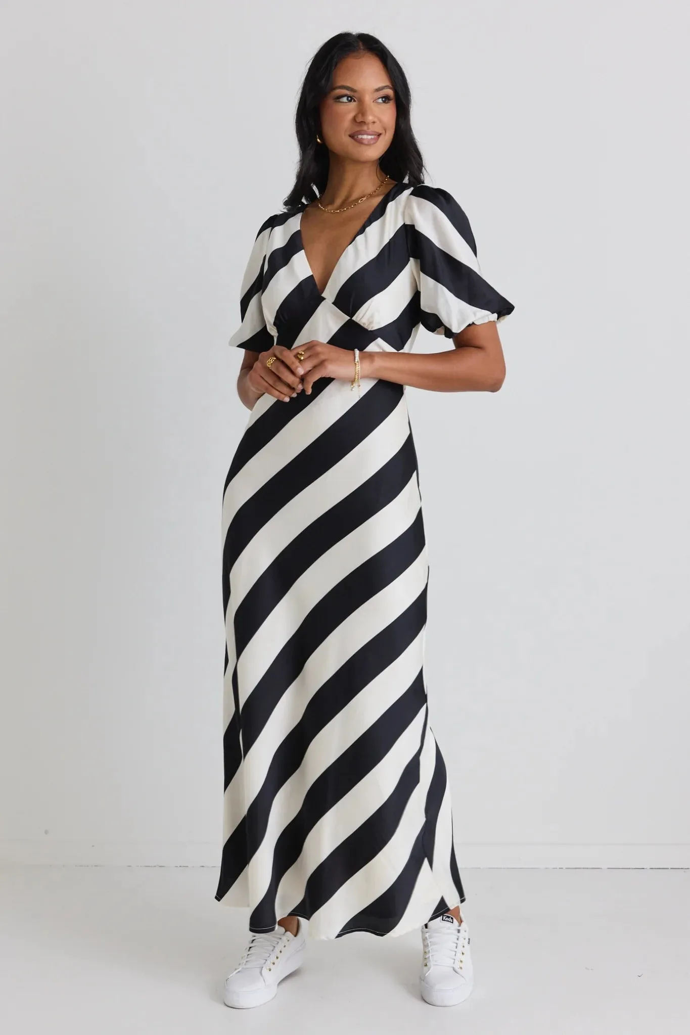 Amora Midi Dress in Black and White Stripes - Brave Collection, Bias Cut