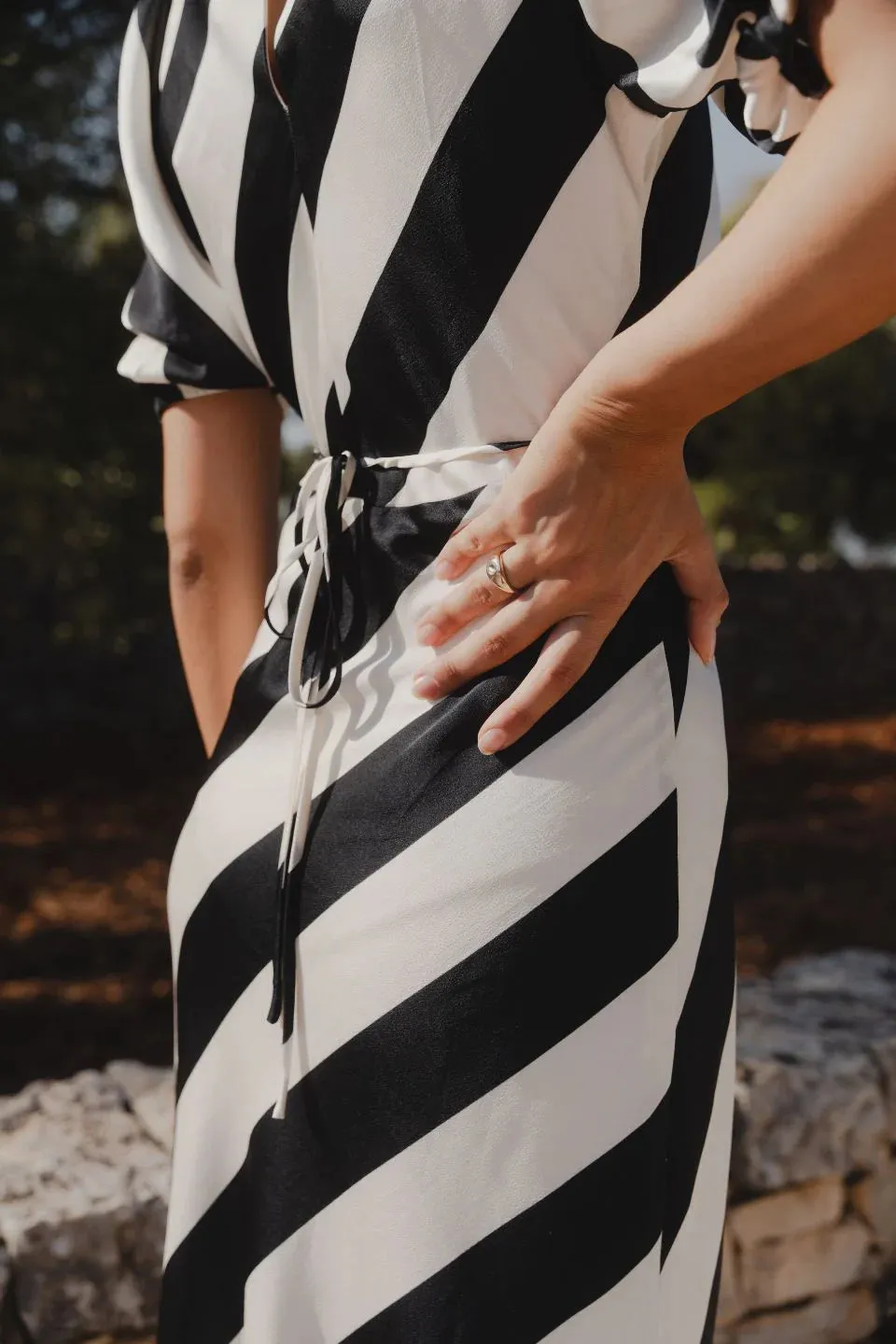 Amora Midi Dress in Black and White Stripes - Brave Collection, Bias Cut