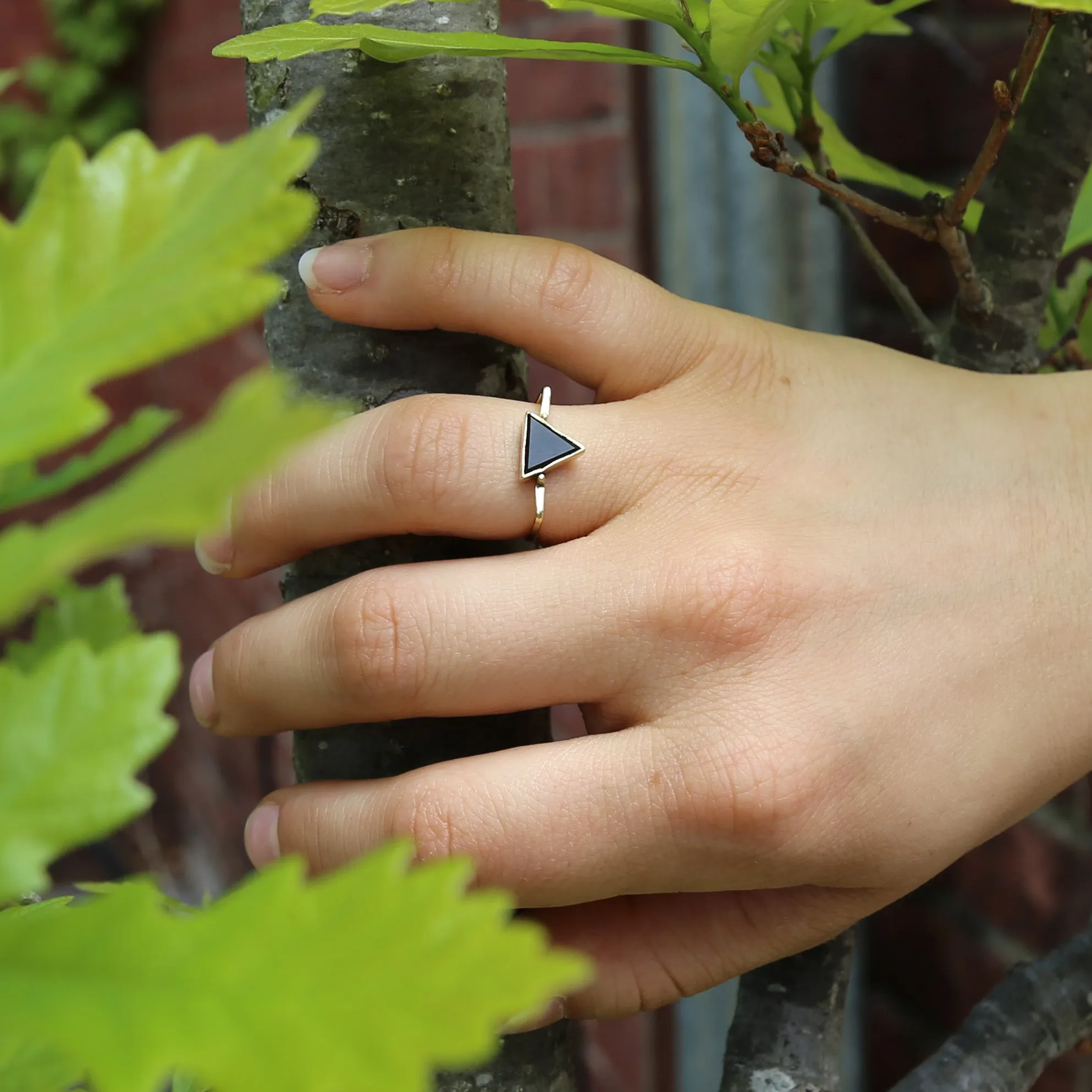 Brass Black Onyx Triangle Ring