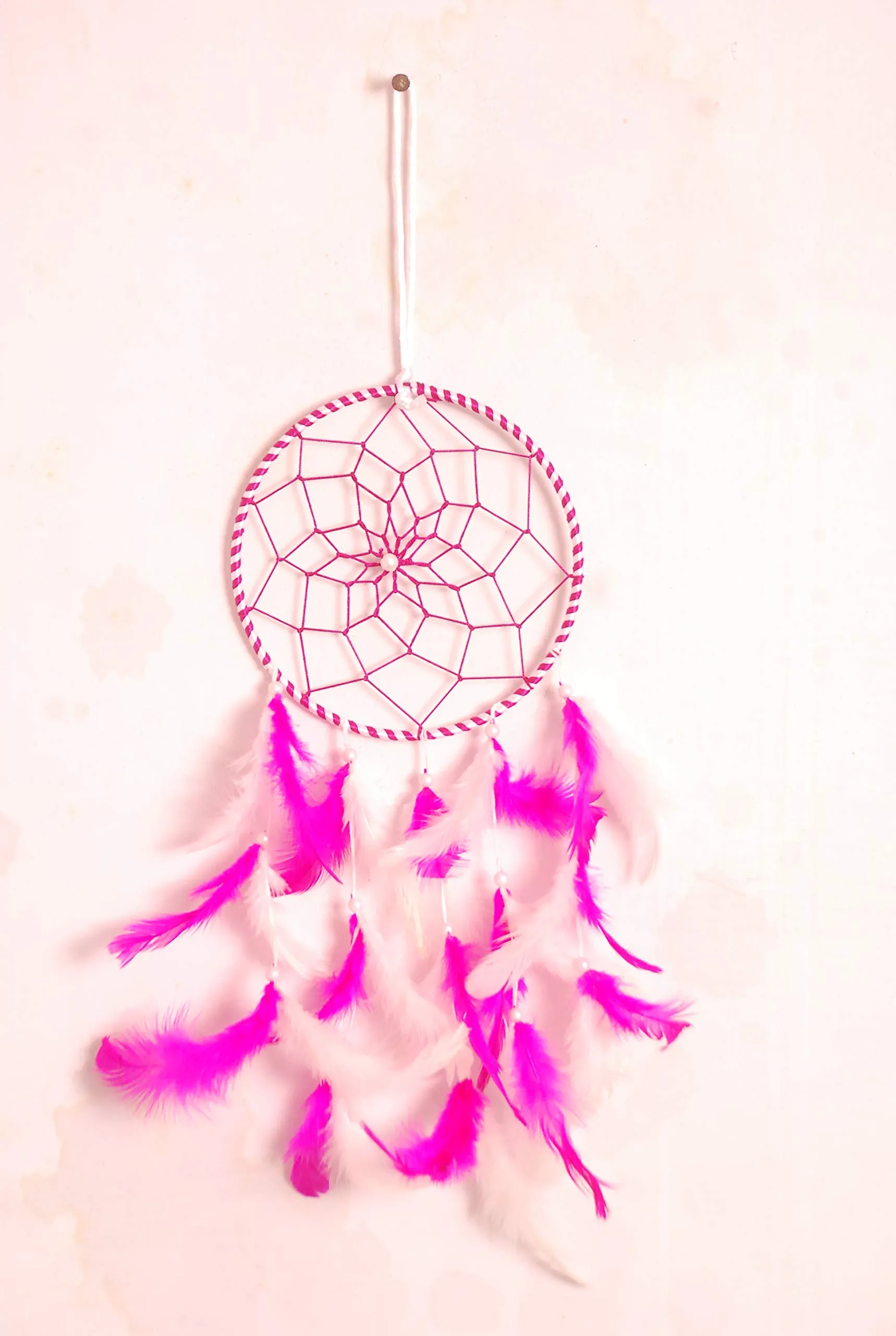 CANWIN™ | Dream Catcher | Wall Hanging | White & Pink Colour | Handmade | Size : Size (LxB) 45 x 15 cm (Pack of 1)