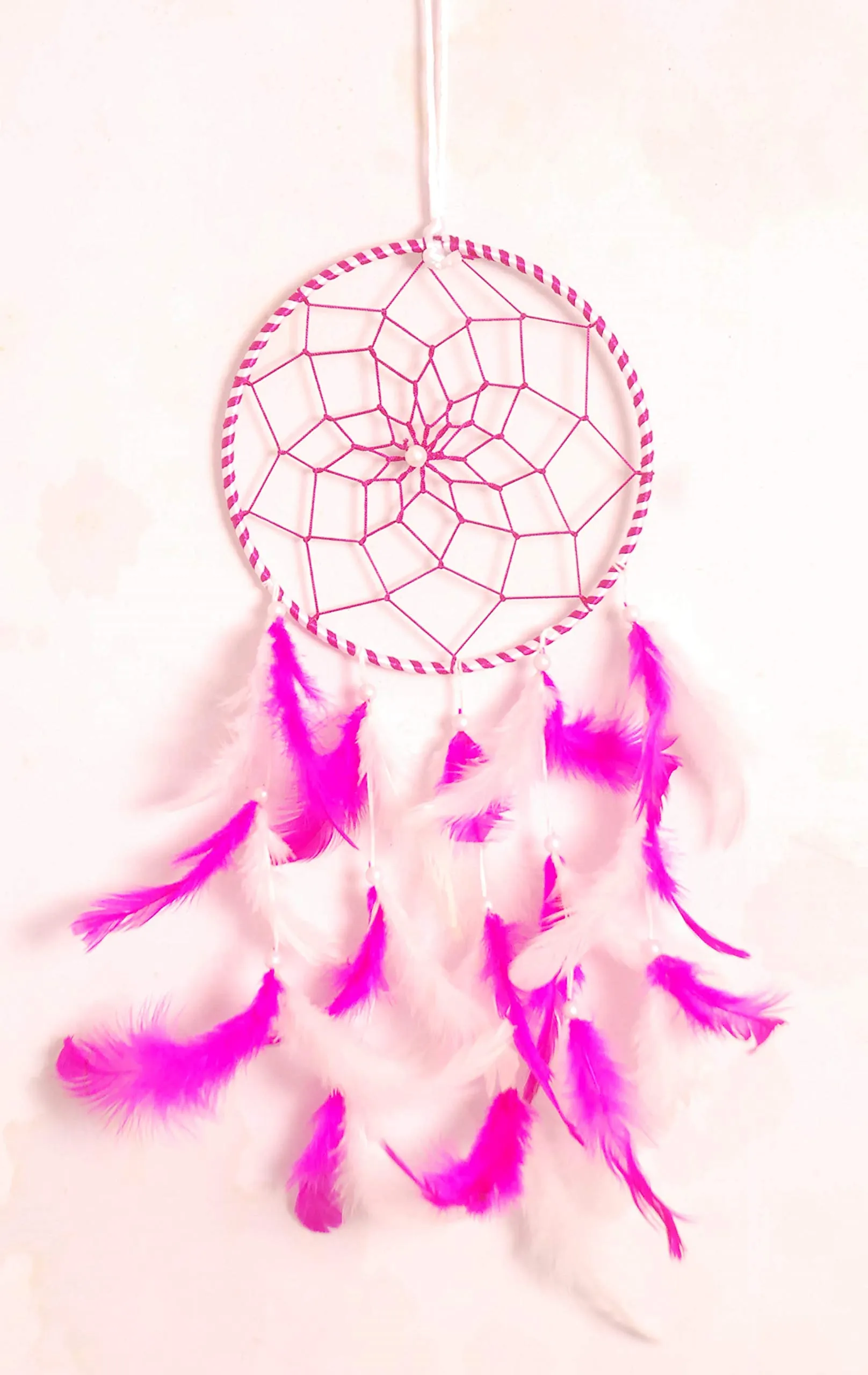 CANWIN™ | Dream Catcher | Wall Hanging | White & Pink Colour | Handmade | Size : Size (LxB) 45 x 15 cm (Pack of 1)