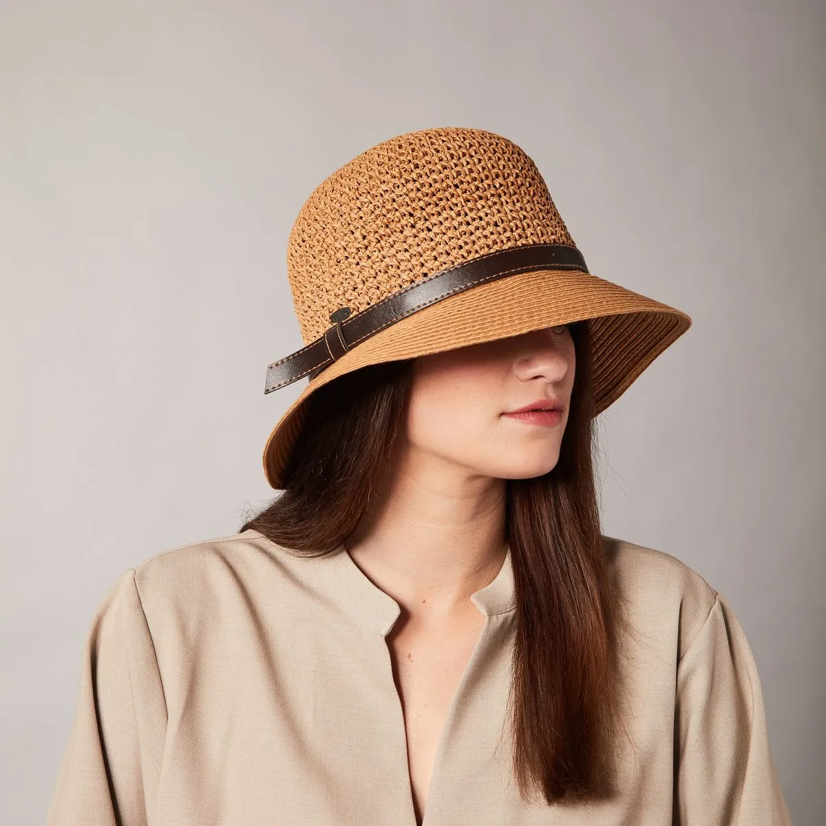 CARLIE LARGE CROCHET CLOCHE HAT WITH LEATHER BAND