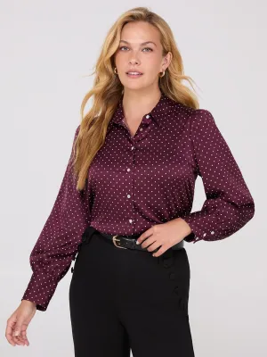 Dot Print Satin Volume Sleeve Button-Front Blouse