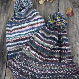 Fair Trade Ethical Woollen Beanie in Striped Multi Coloured Design with Pom Pom