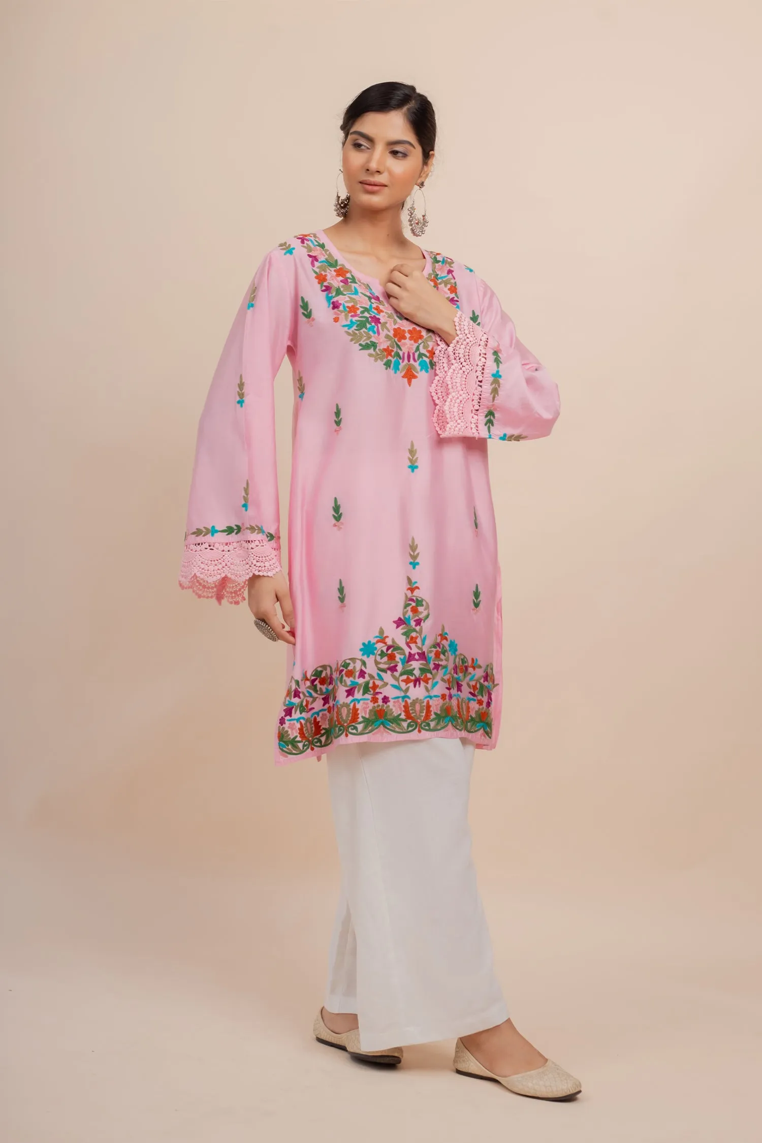 Falak Kashmiri Long Kurta In Pink Chanderi Silk With Aari