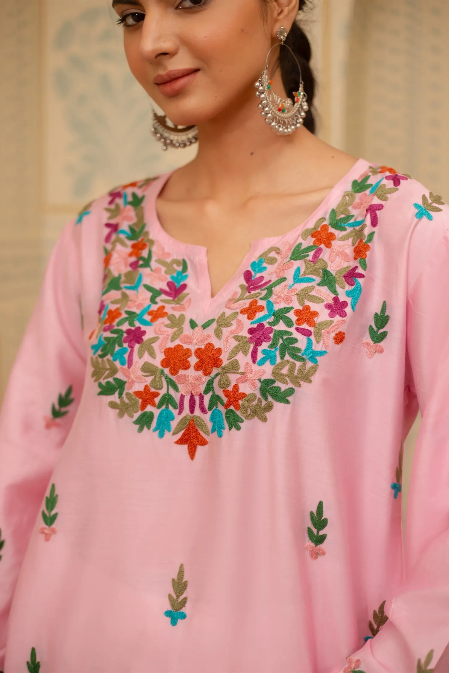 Falak Kashmiri Long Kurta In Pink Chanderi Silk With Aari