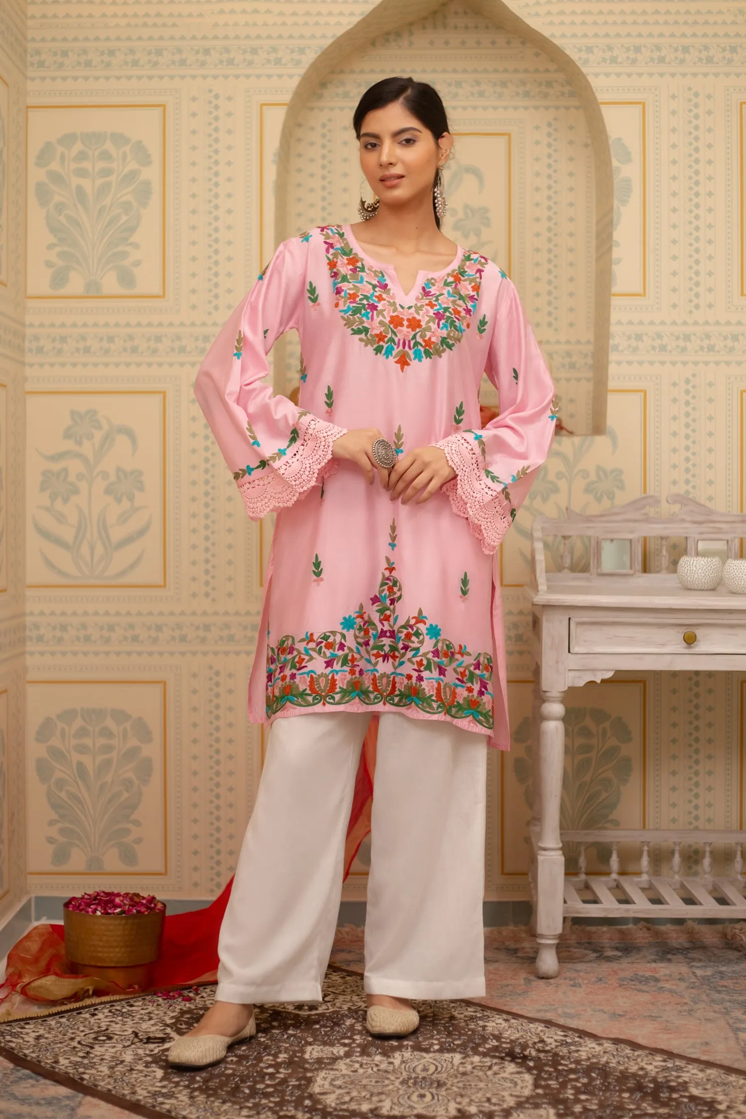 Falak Kashmiri Long Kurta In Pink Chanderi Silk With Aari