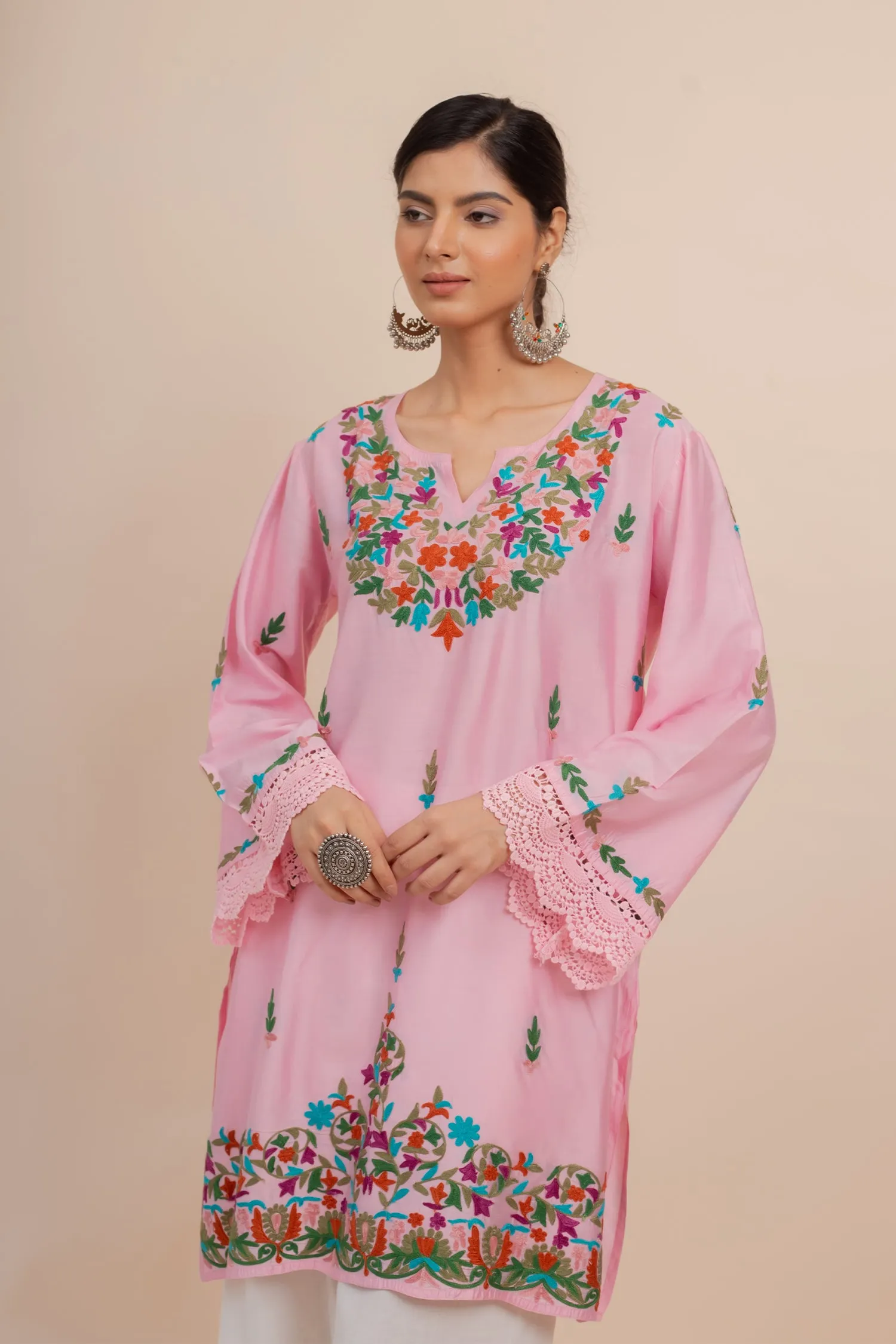 Falak Kashmiri Long Kurta In Pink Chanderi Silk With Aari