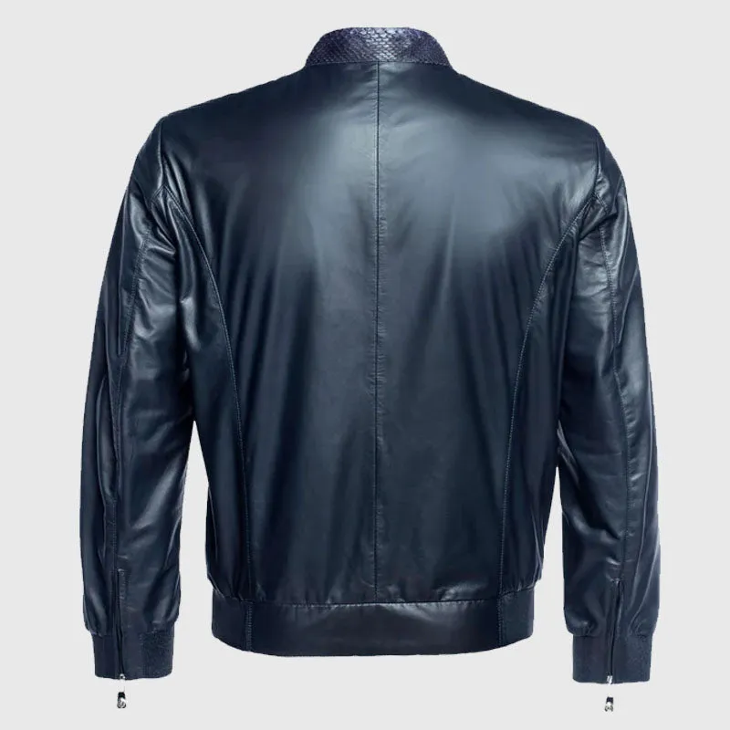 Genuine High Quality Blue Python Leather And Napa Leather Blouson Jacket