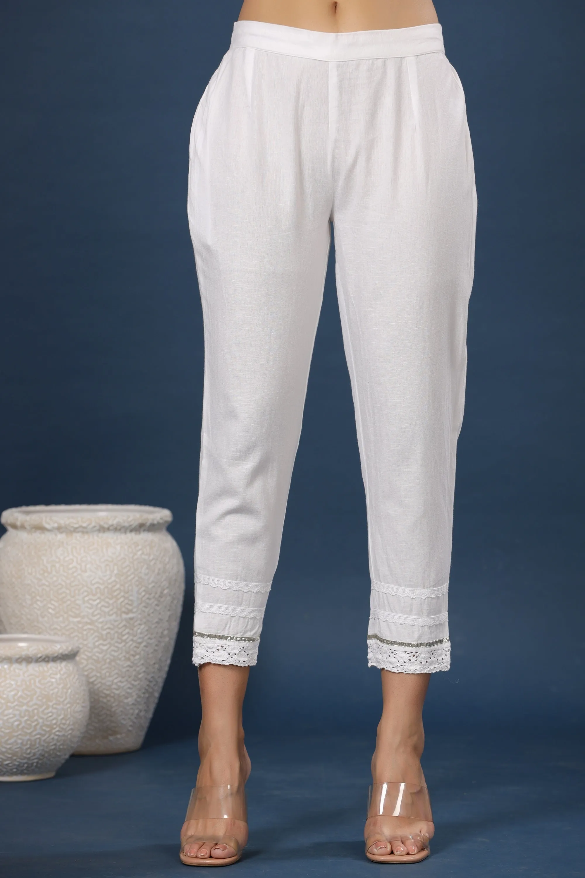 Jashvi White Solid Cotton Flex Slim Fit Women Pants With One Pocket