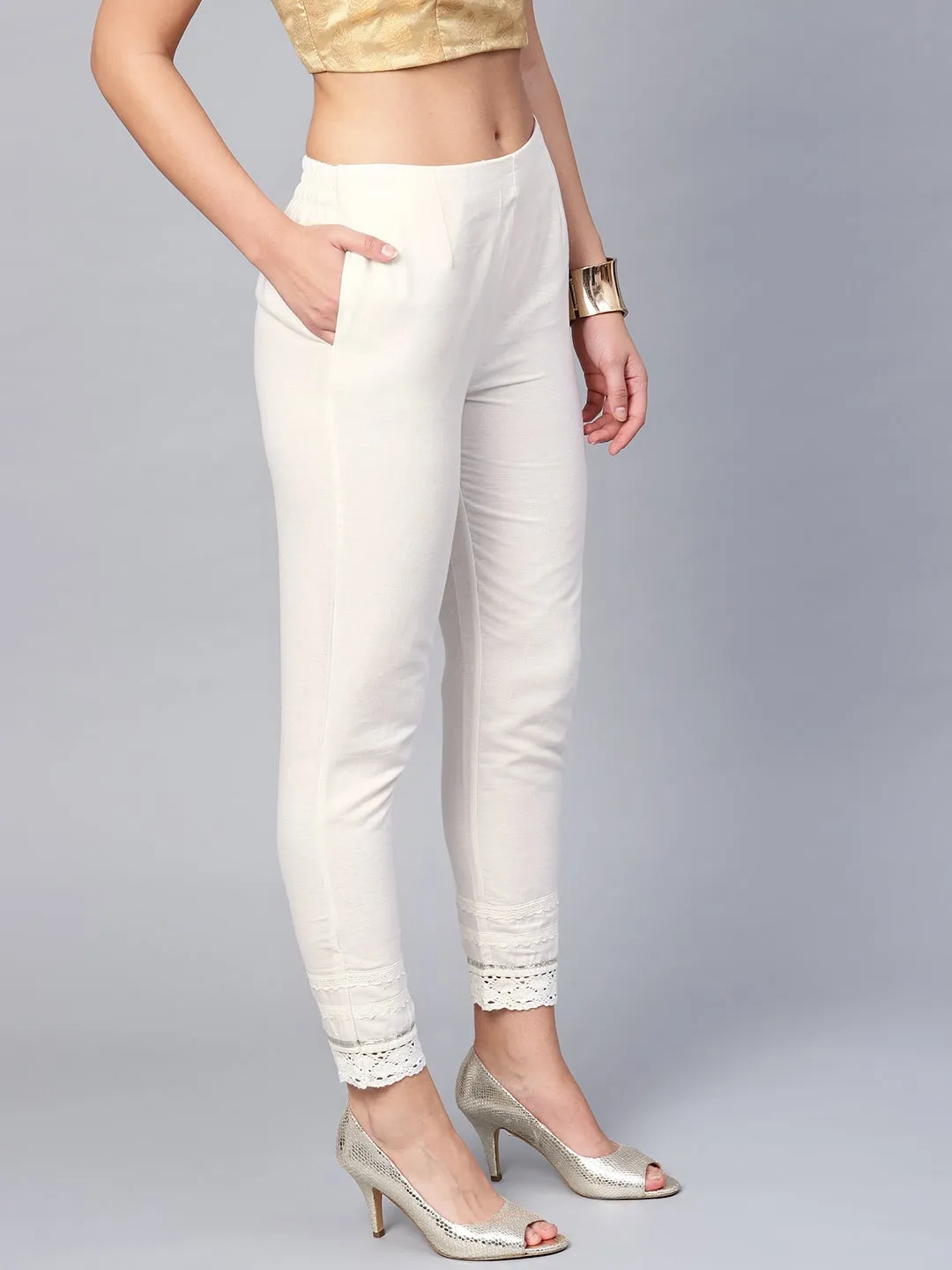 Jashvi White Solid Cotton Flex Slim Fit Women Pants With One Pocket