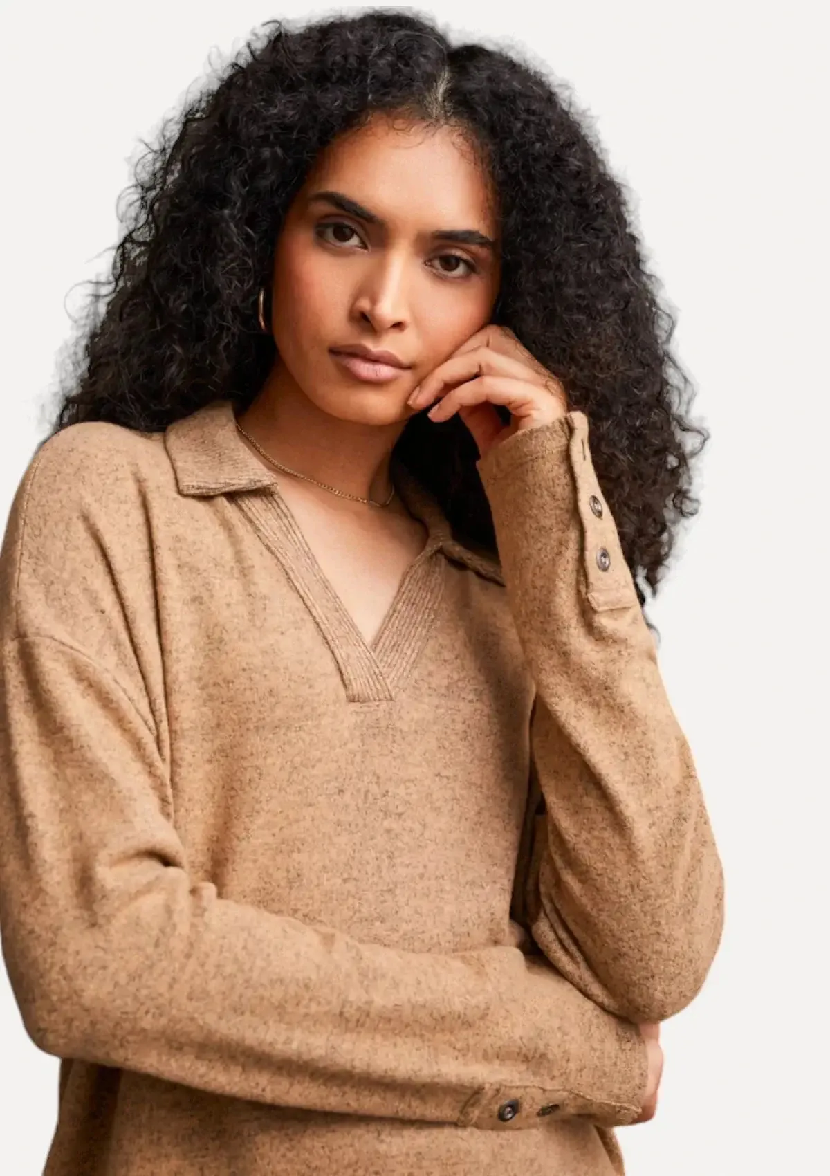 Kamari Long Sleeve Johnny Collar Top - Tan