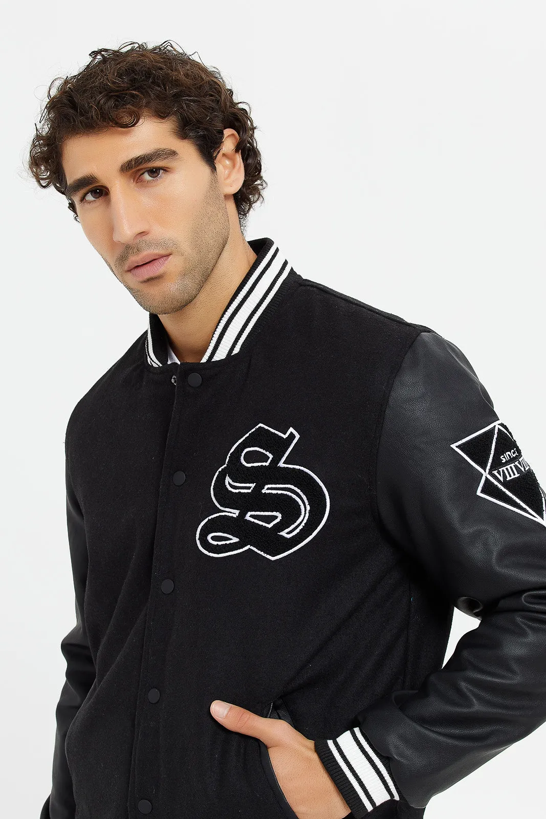 Men Black Baseball Bomber Jacket