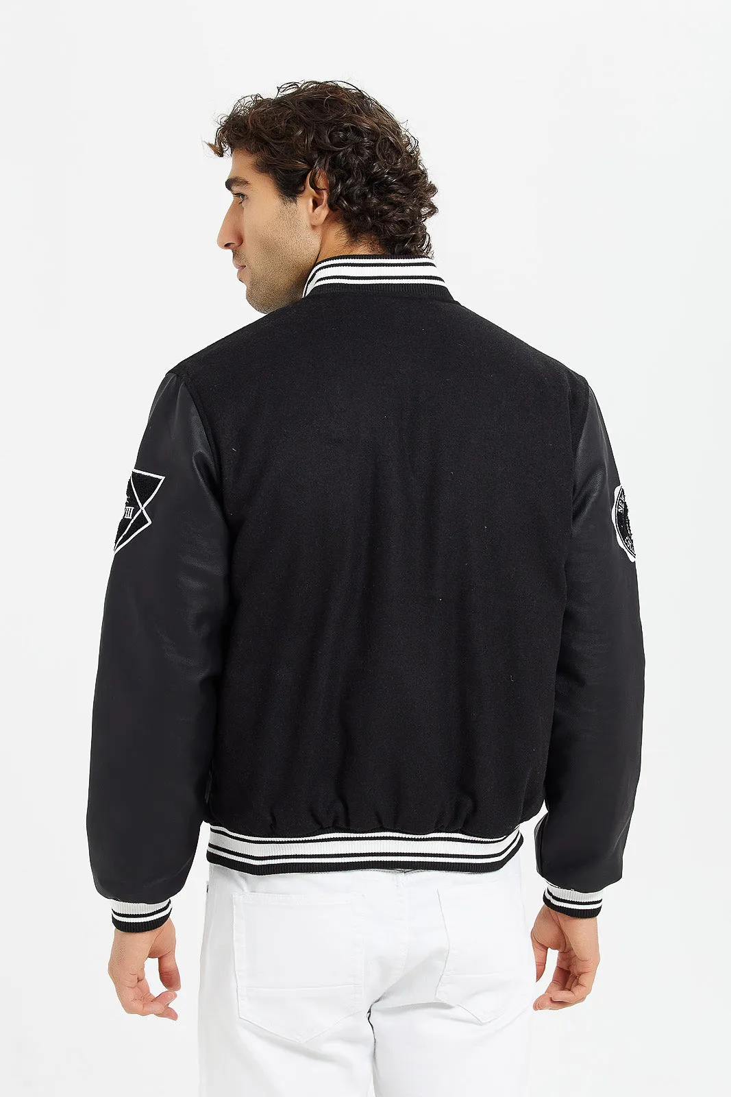 Men Black Baseball Bomber Jacket