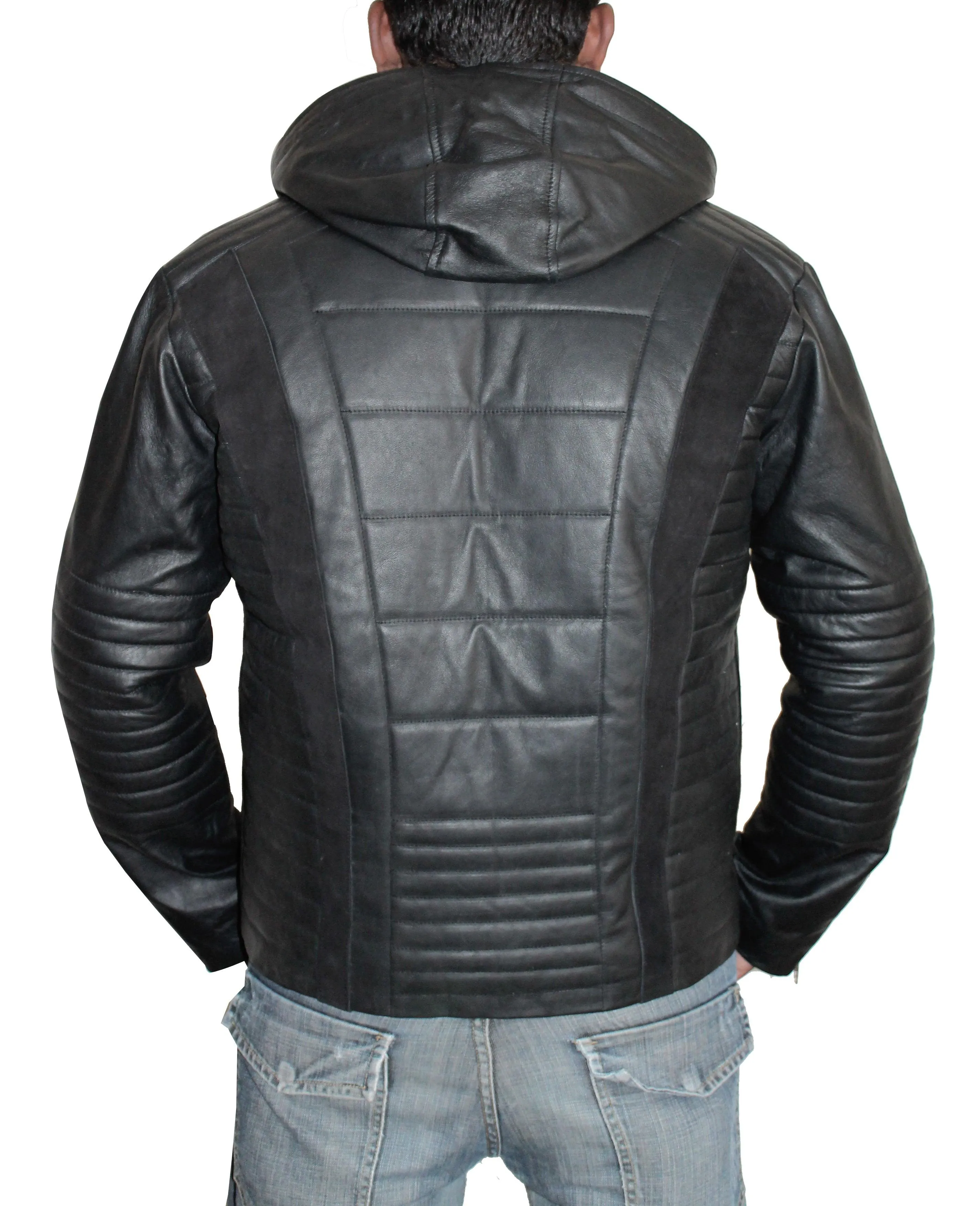 Men Mortal Style Hooded Leather Jacket - Black