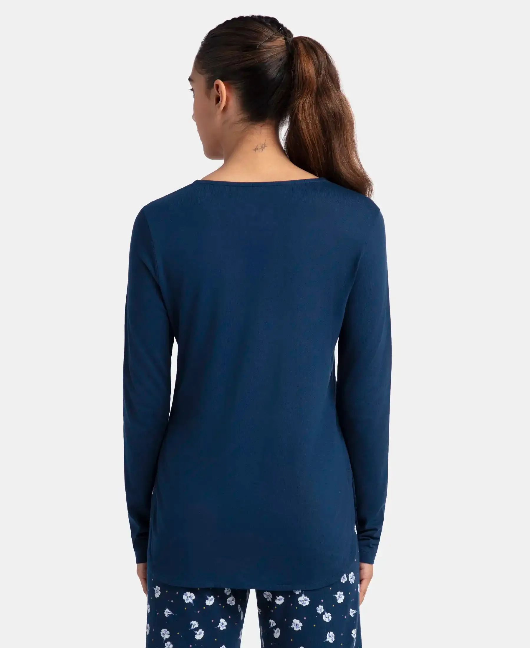 Micro Modal Cotton Relaxed Fit Solid Round Neck Full Sleeve T-Shirt with Curved Hem Styling - Pageant Blue