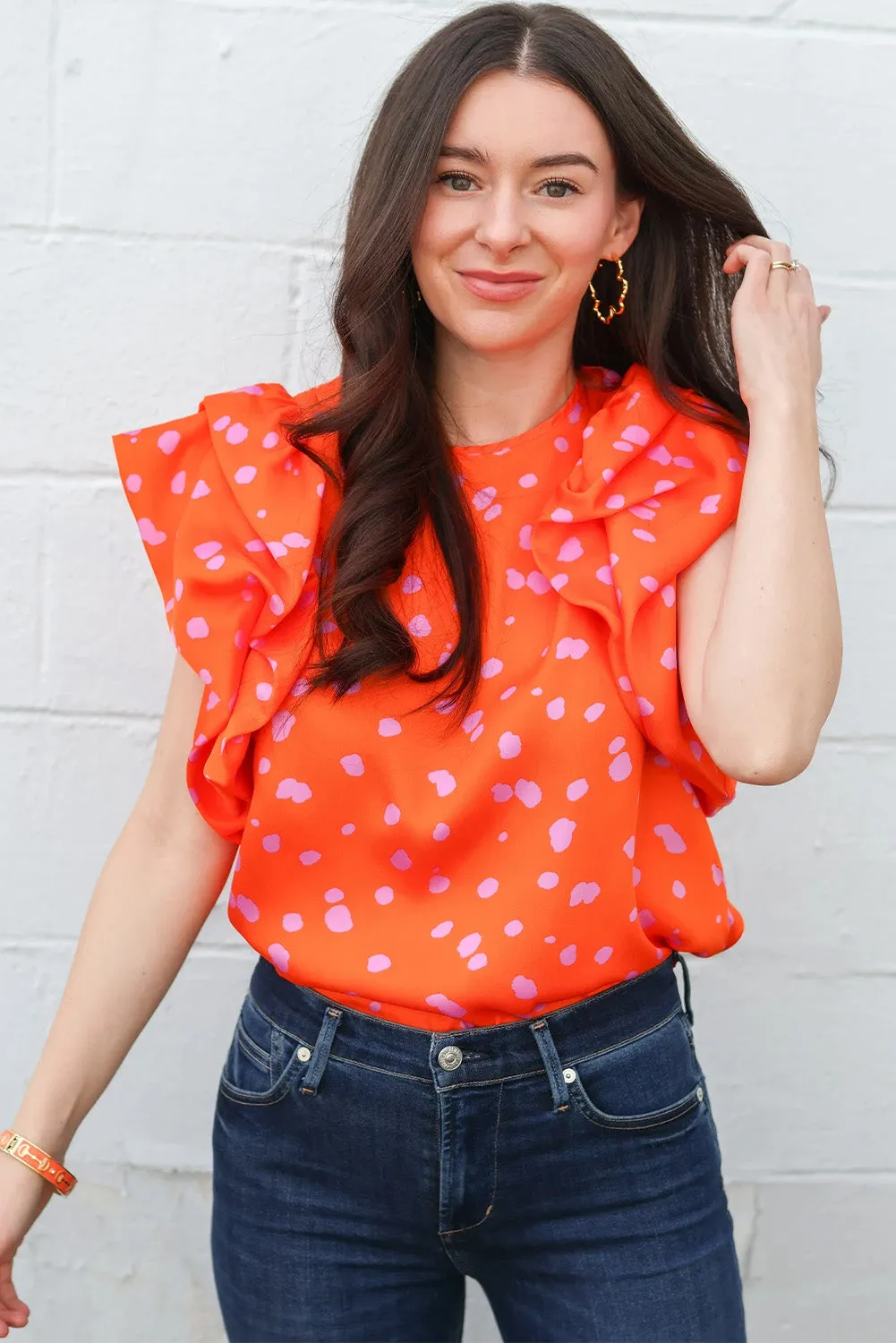 Orange Spotted Print Ruffle Short Sleeve Blouse