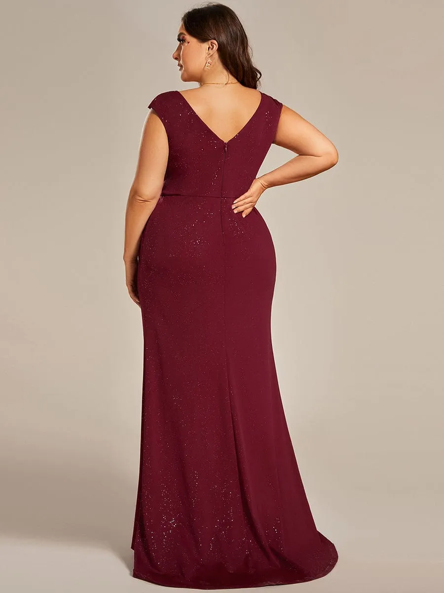 Plus Size Elegant V-neck Glitter Sequin Front Slit Mother of the Bride Dress