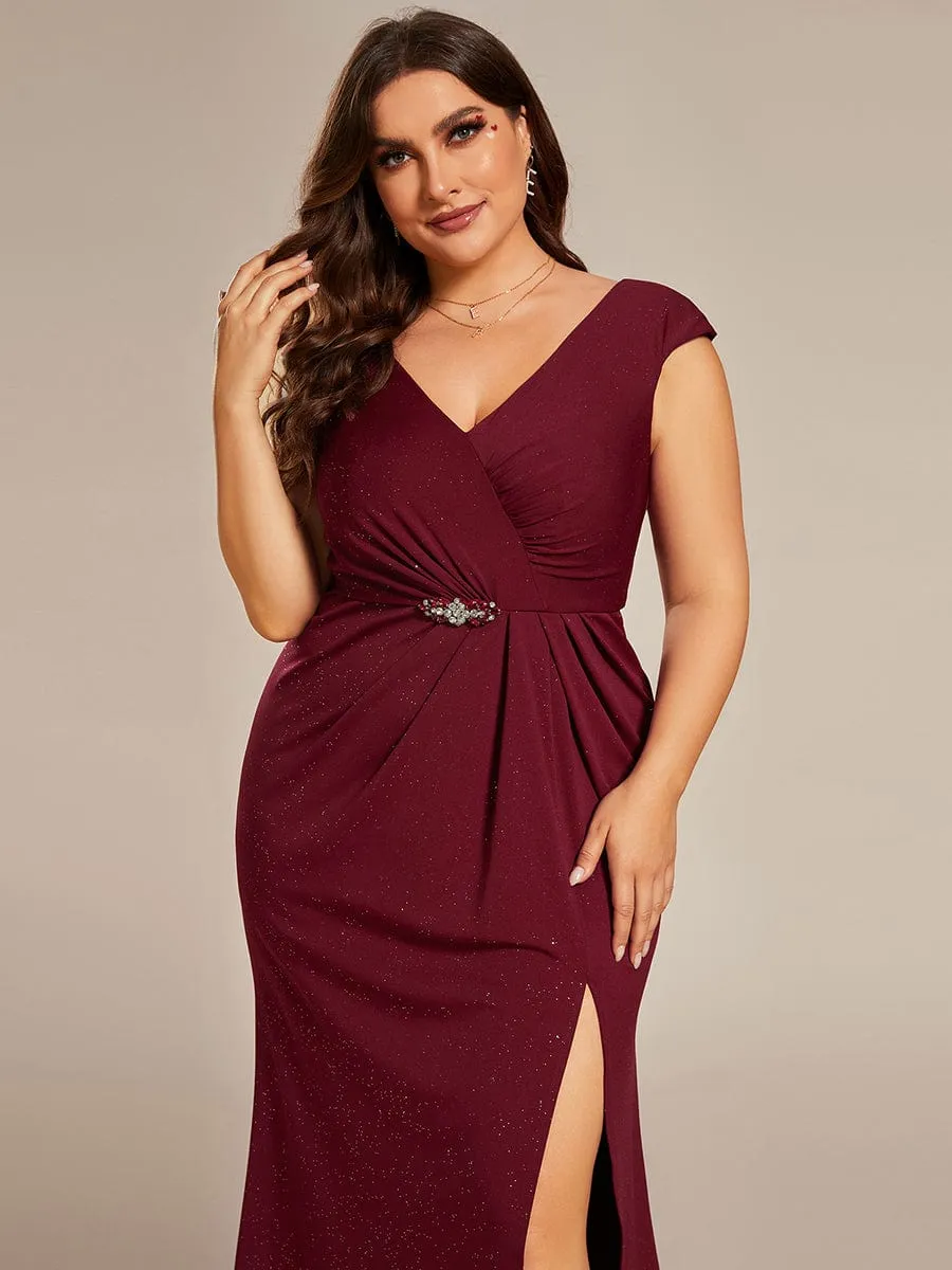 Plus Size Elegant V-neck Glitter Sequin Front Slit Mother of the Bride Dress