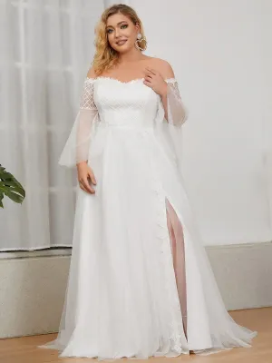 Plus Size Sheer Bell Sleeve Off the Shoulder Lace Wedding Dress