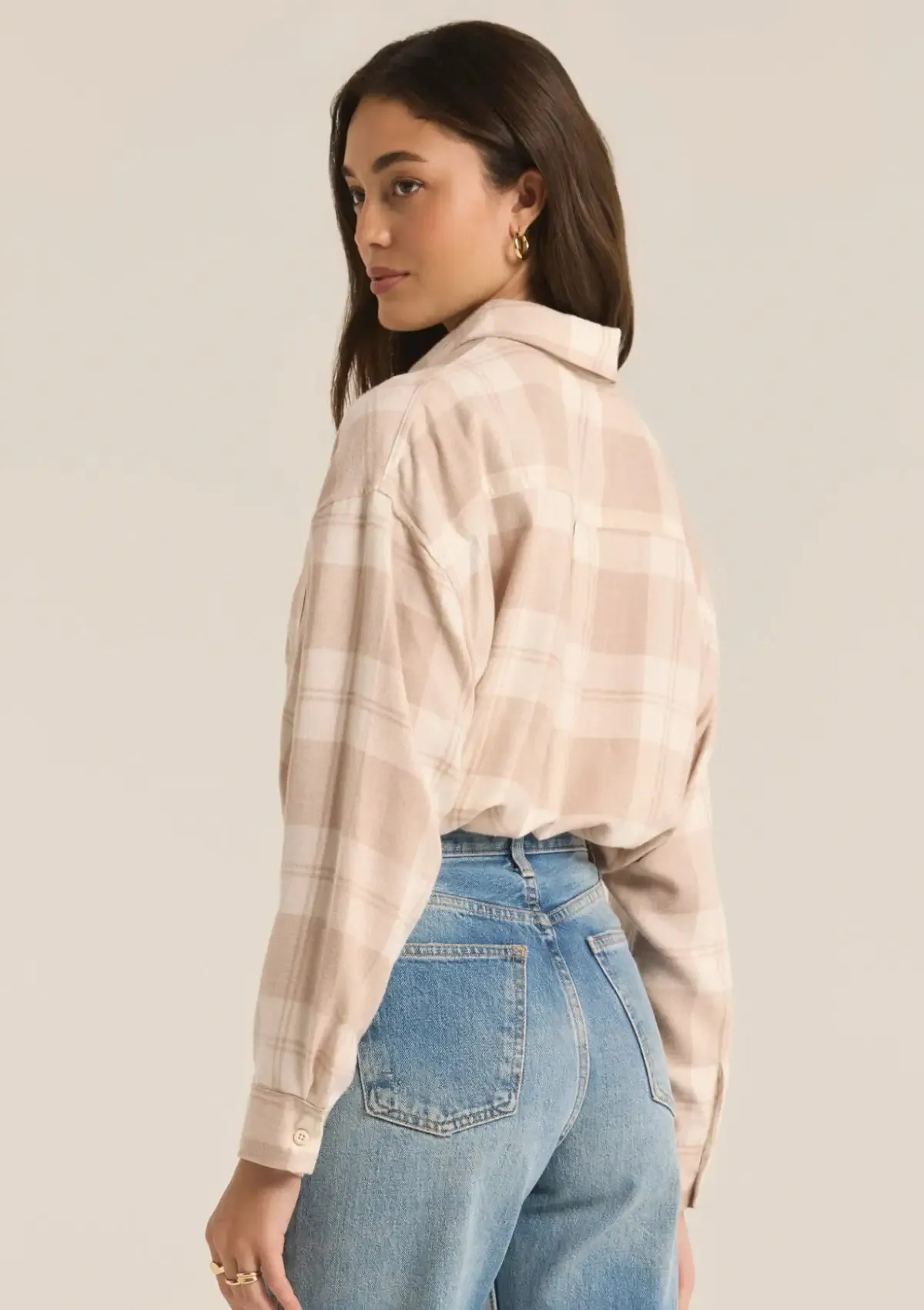 River Plaid Button Up Flannel Shirt - Putty