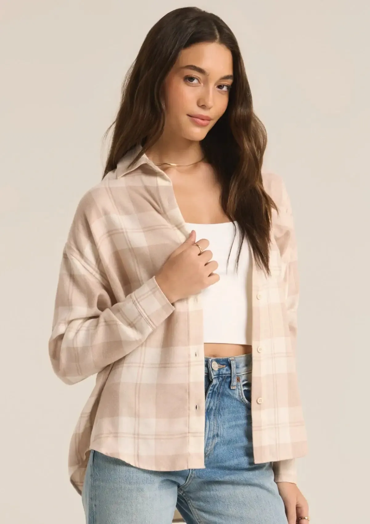 River Plaid Button Up Flannel Shirt - Putty