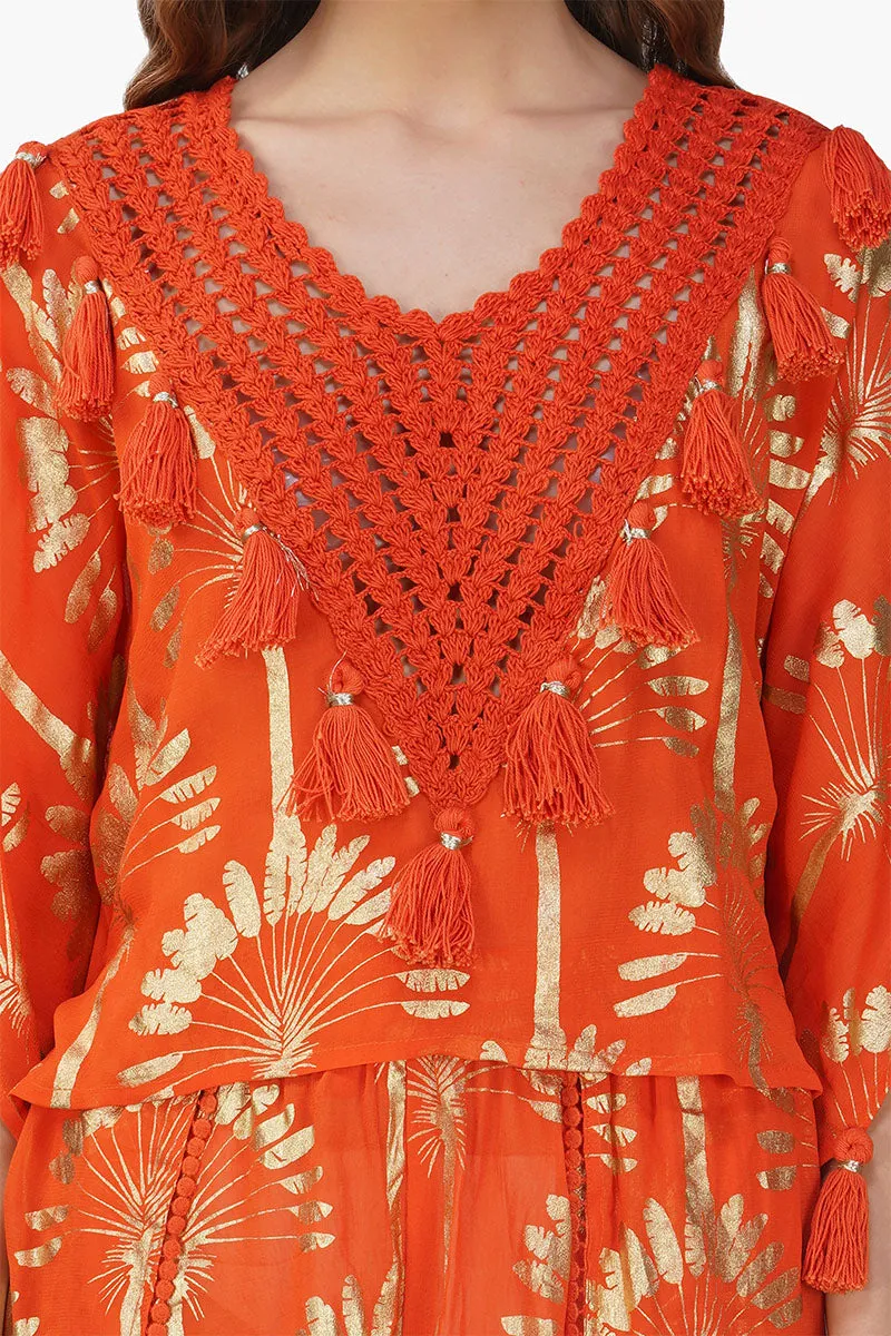 Sunset Palm Foil Tassel Blouse