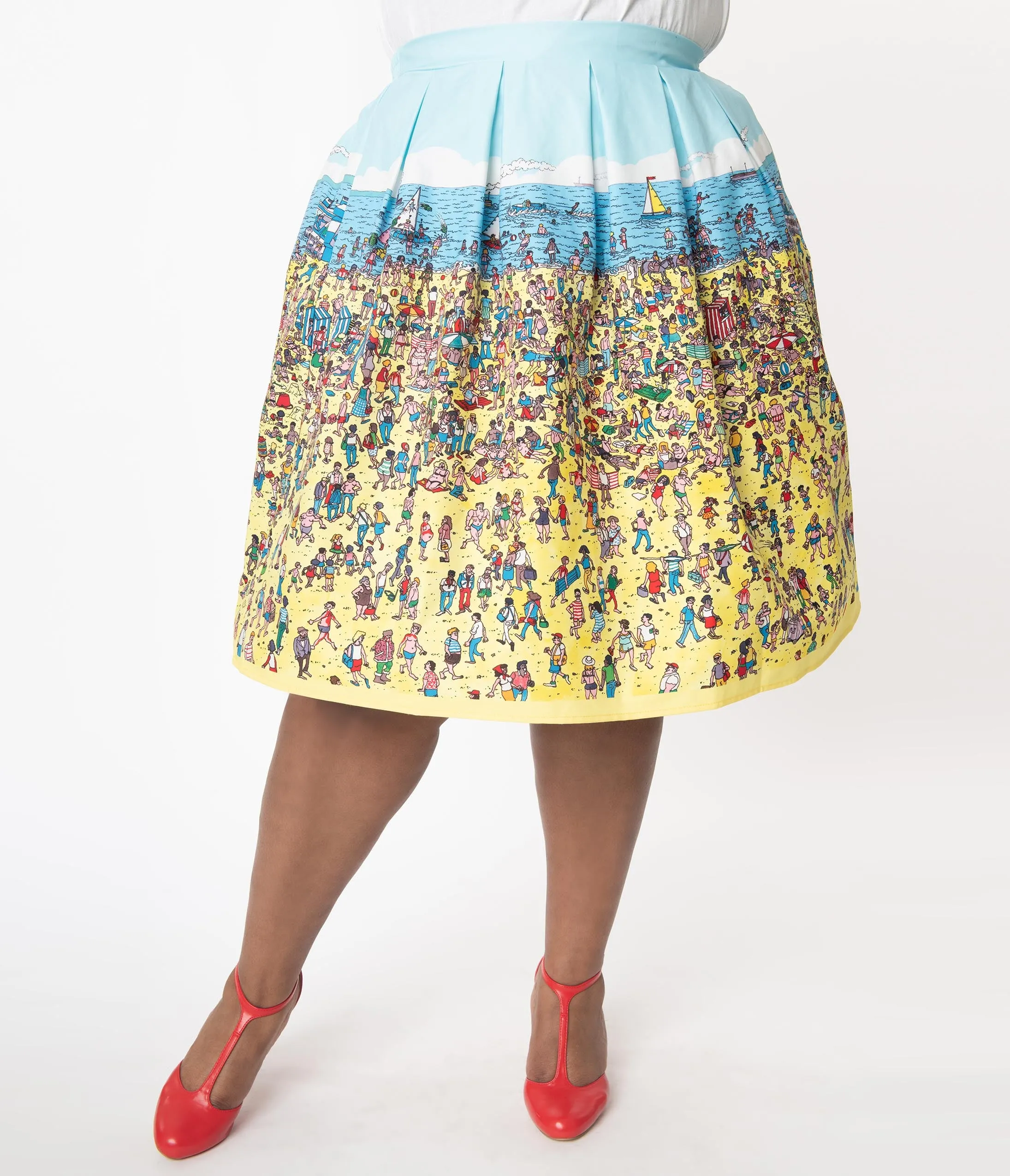 Wheres Waldo x Unique Vintage Plus Size On The Beach Print Jayne Swing Skirt