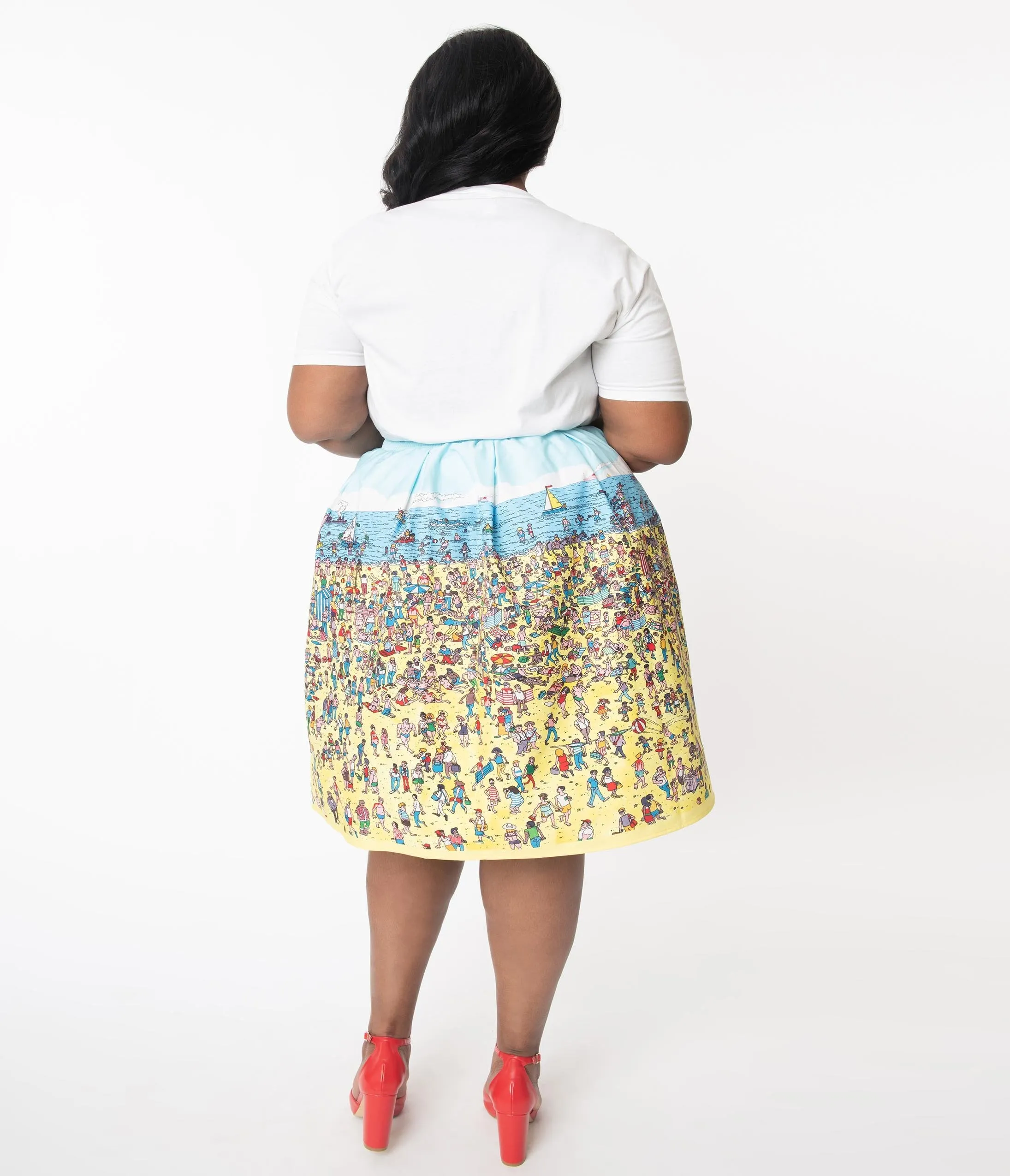 Wheres Waldo x Unique Vintage Plus Size On The Beach Print Jayne Swing Skirt