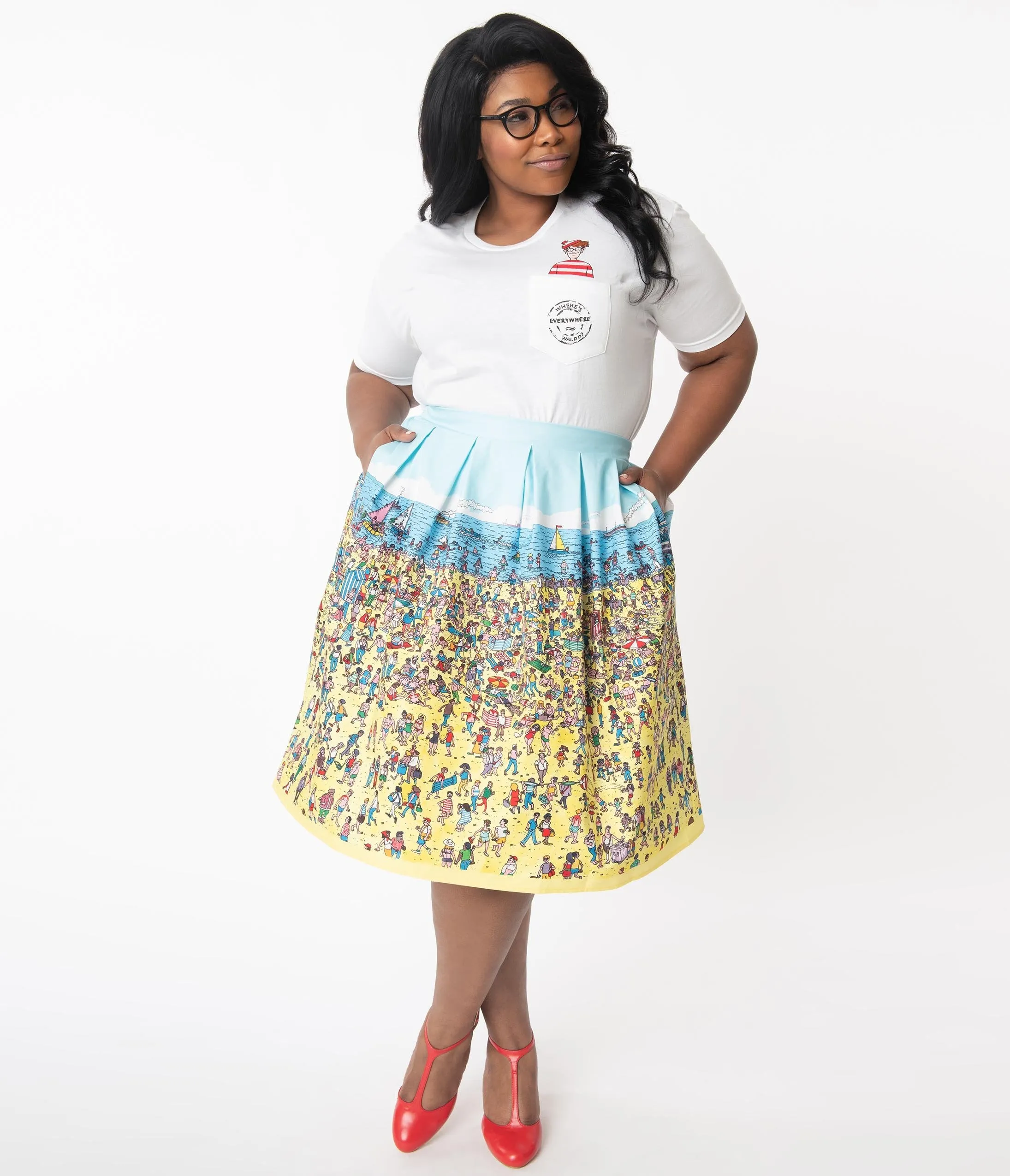 Wheres Waldo x Unique Vintage Plus Size On The Beach Print Jayne Swing Skirt