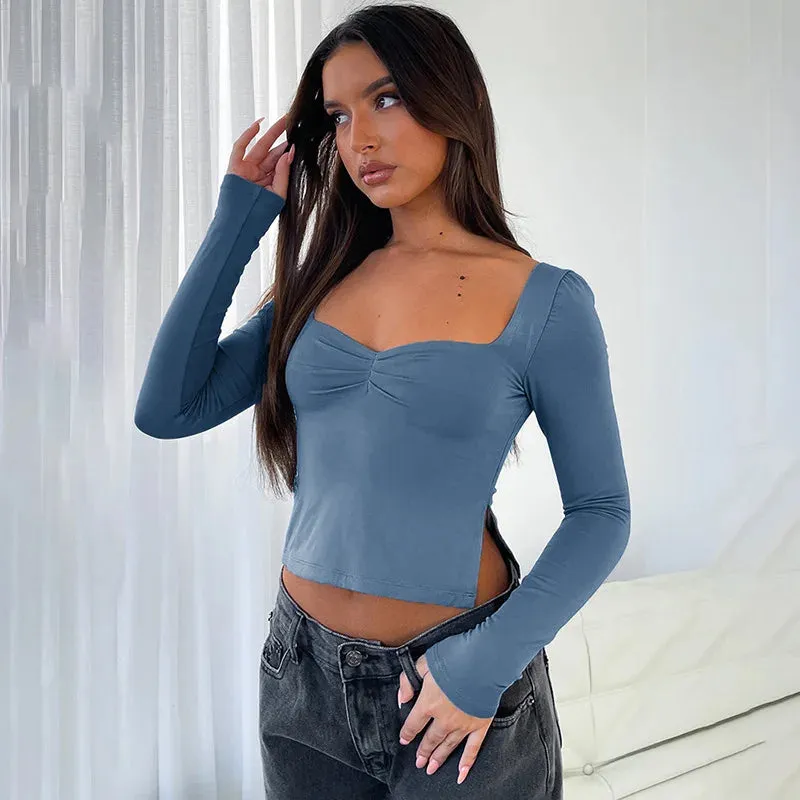 White Square Neck Crop Long Sleeve Side Split Women's T-shirt for Spring/Summer Fashion