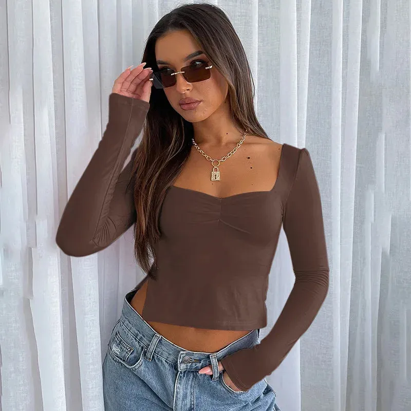 White Square Neck Crop Long Sleeve Side Split Women's T-shirt for Spring/Summer Fashion