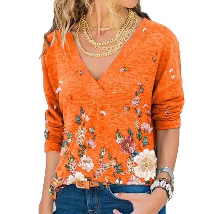 Woman Vintage Floral Print V Neck Long Sleeve Loose Fit Tops