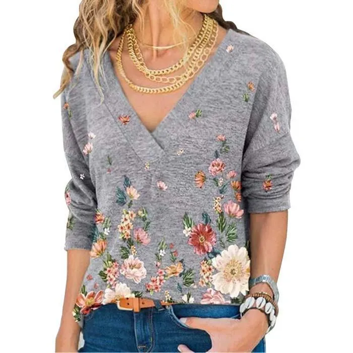 Woman Vintage Floral Print V Neck Long Sleeve Loose Fit Tops