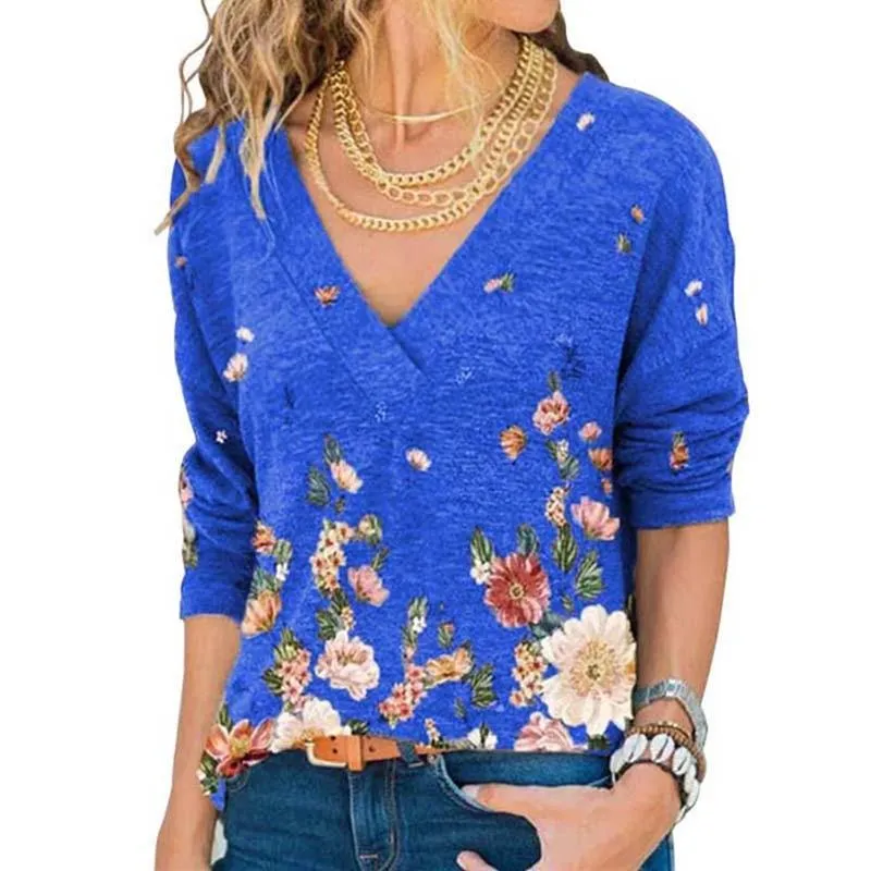 Woman Vintage Floral Print V Neck Long Sleeve Loose Fit Tops