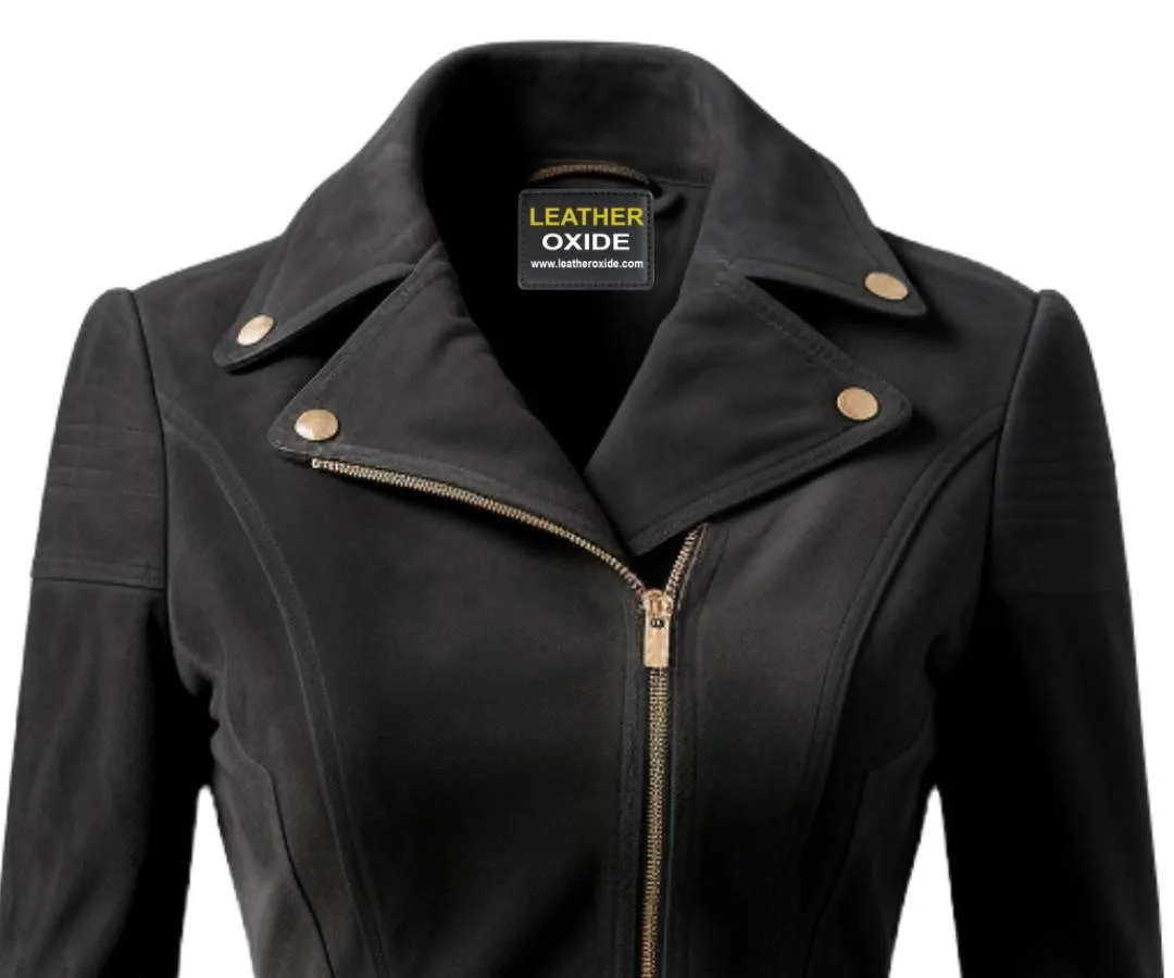 Women Black Suede Leather Jacket with Golden Zipper