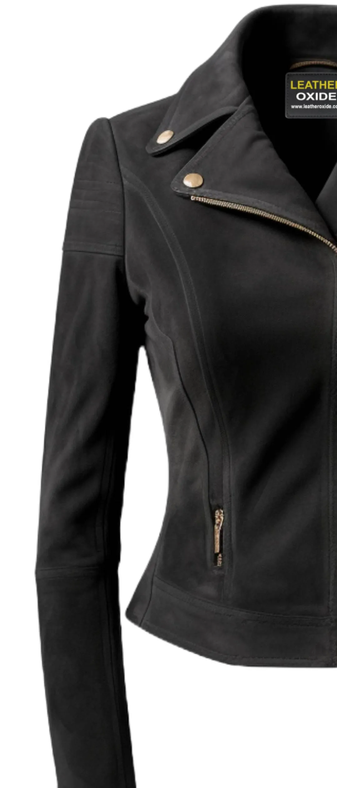 Women Black Suede Leather Jacket with Golden Zipper