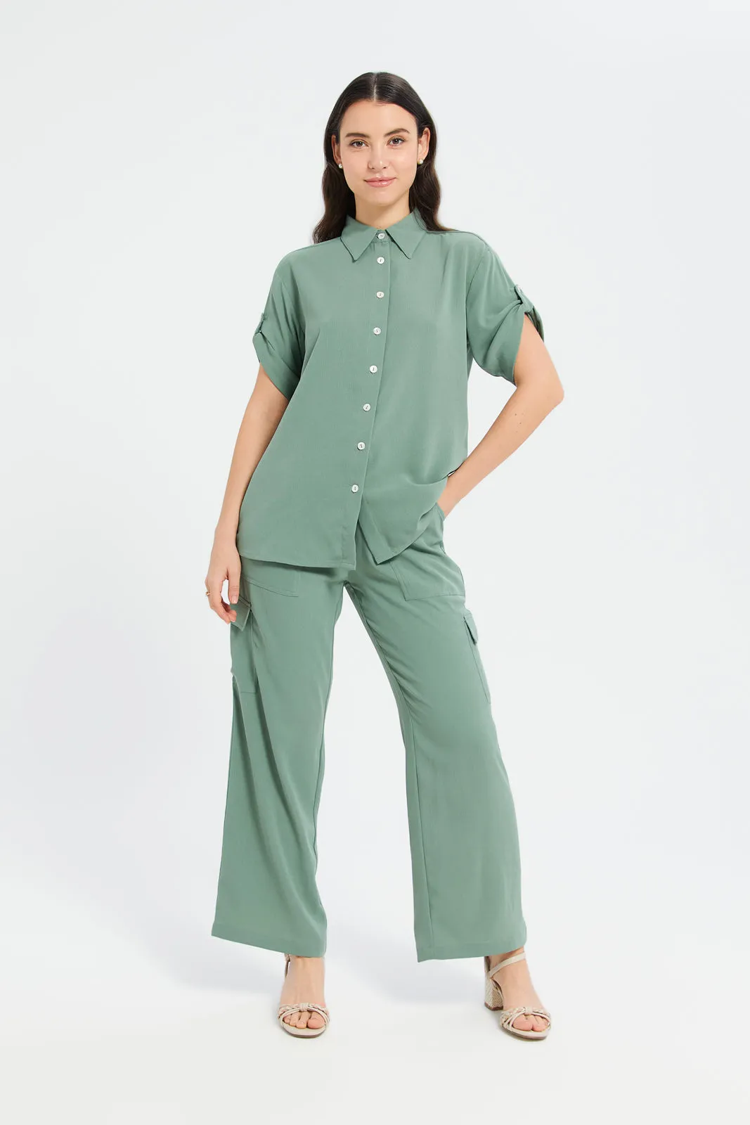 Women Green Plain Wide Leg Trouser