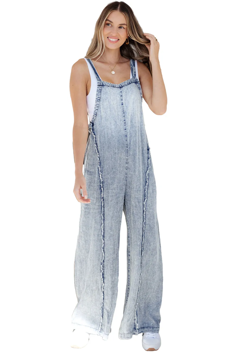 Women's Light Wash Frayed Exposed Seam Wide Leg Denim Overall