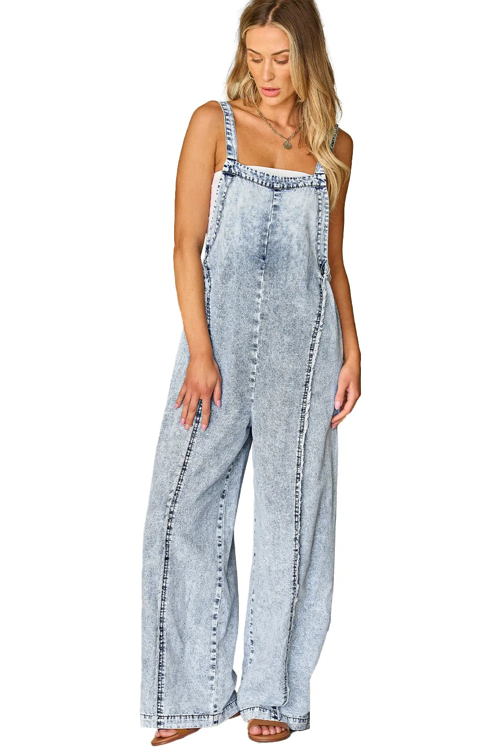 Women's Light Wash Frayed Exposed Seam Wide Leg Denim Overall