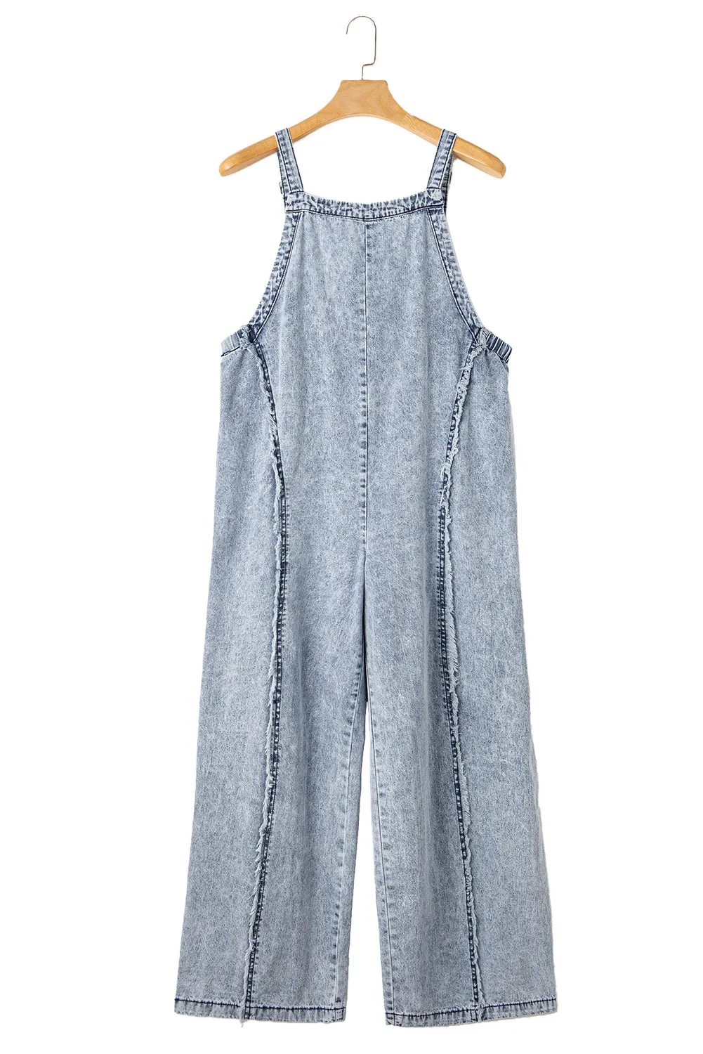 Women's Light Wash Frayed Exposed Seam Wide Leg Denim Overall