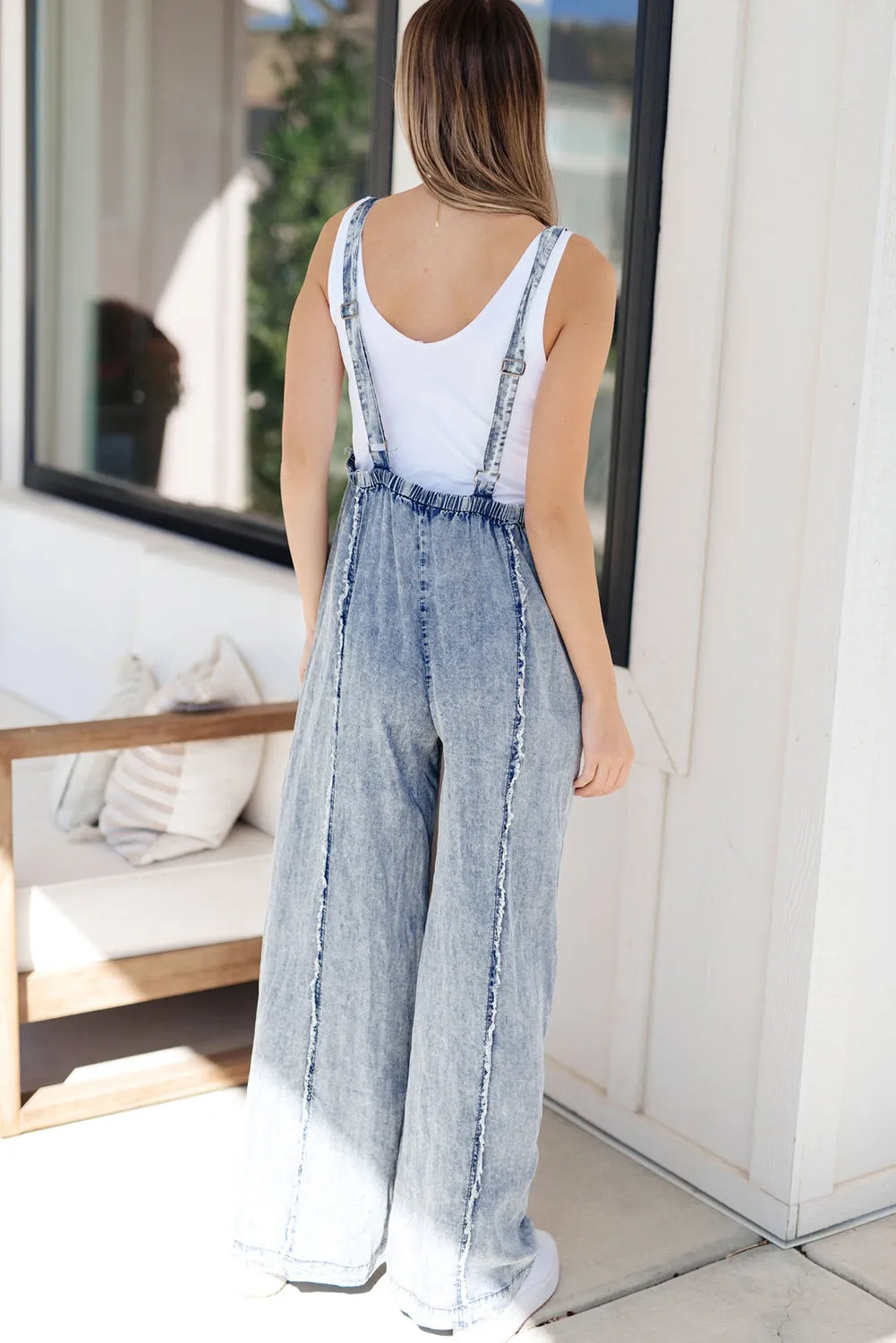 Women's Light Wash Frayed Exposed Seam Wide Leg Denim Overall