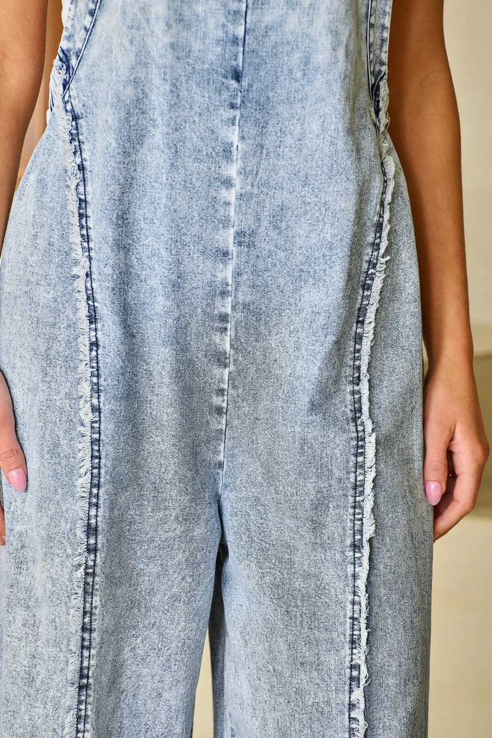 Women's Light Wash Frayed Exposed Seam Wide Leg Denim Overall