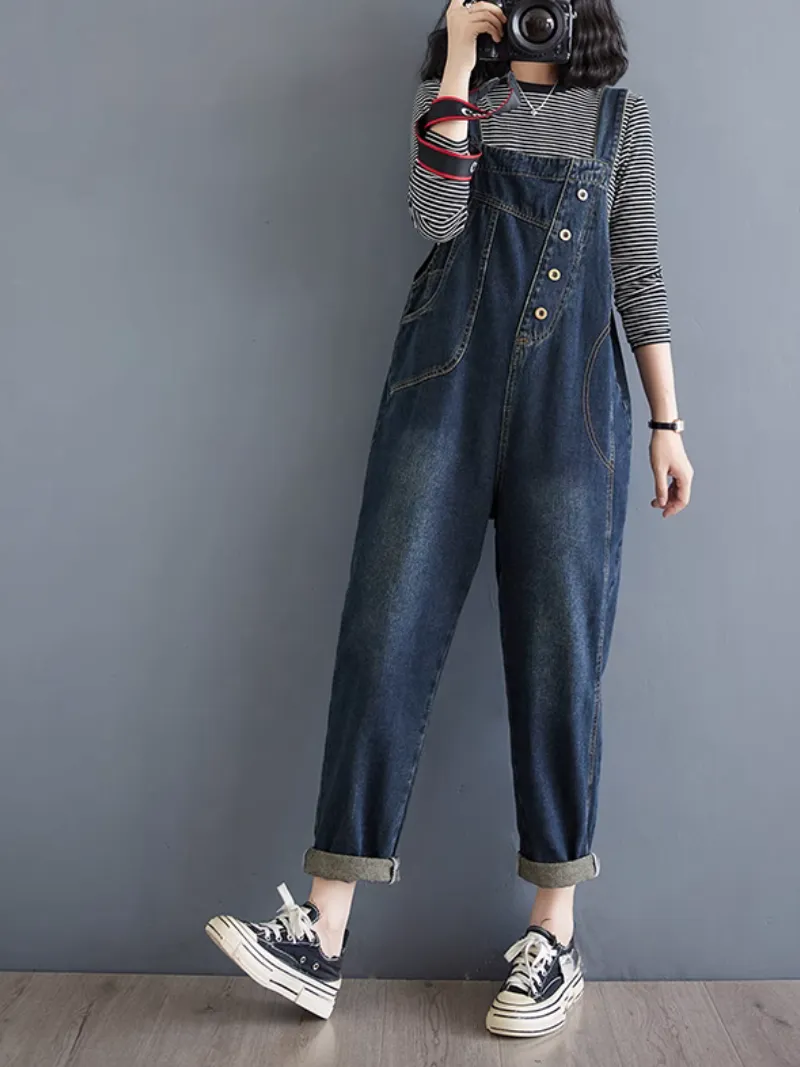 Women's Stylish Retro Print Denim Pocket Style Overalls Dungarees